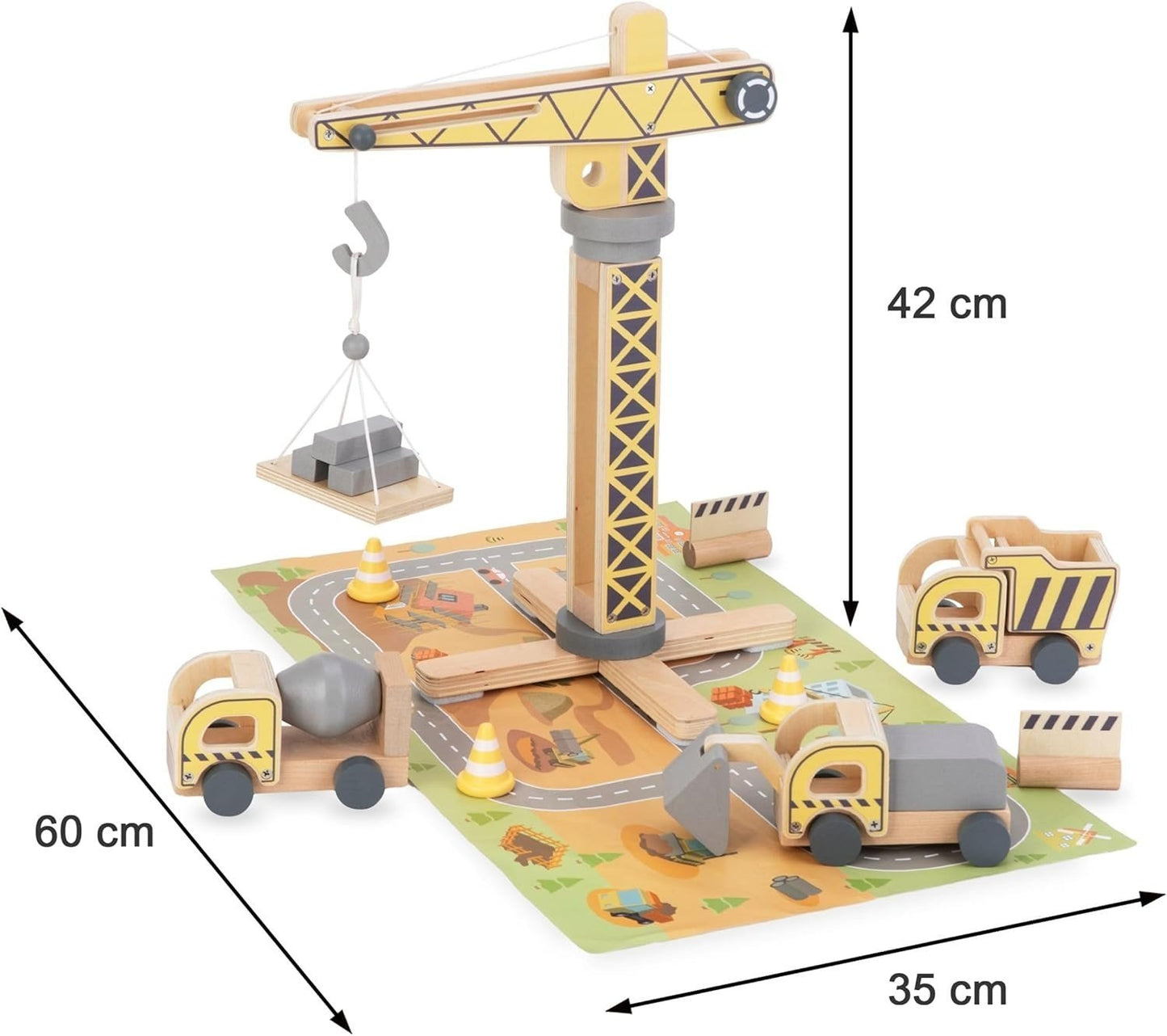 Mamabrum Holz - Baustellen Set mit Mobilkran, Baufahrzeuge, Verkehrskegel & Baumat