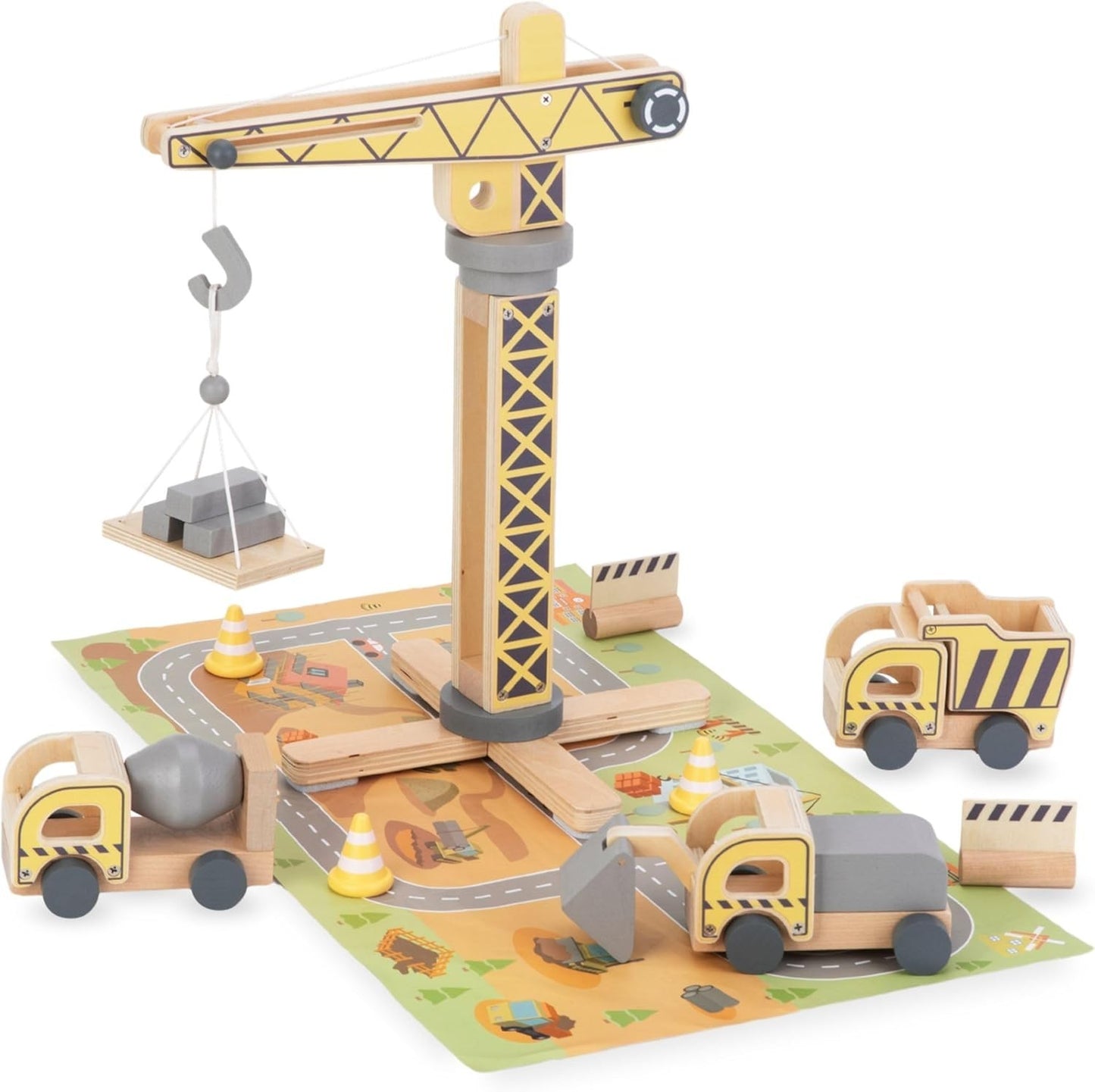 Mamabrum Holz - Baustellen Set mit Mobilkran, Baufahrzeuge, Verkehrskegel & Baumat