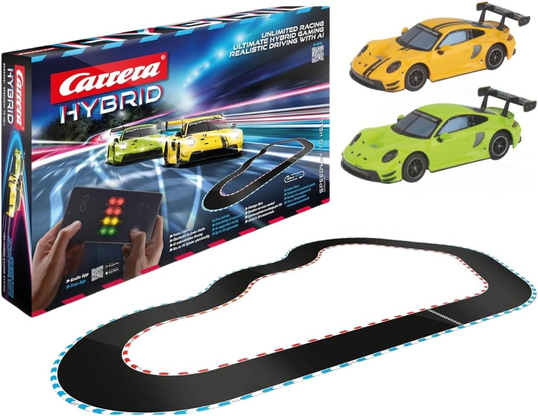 Carrera HYBRID – Speedway to Hell | Rennbahn der neuen Generation | Legendärer Porsche 911 GT3 R im Maßstab 1:50 | Hybrid - Technologie mit KI - Unterstützung | Steuerung per Smartphone - App