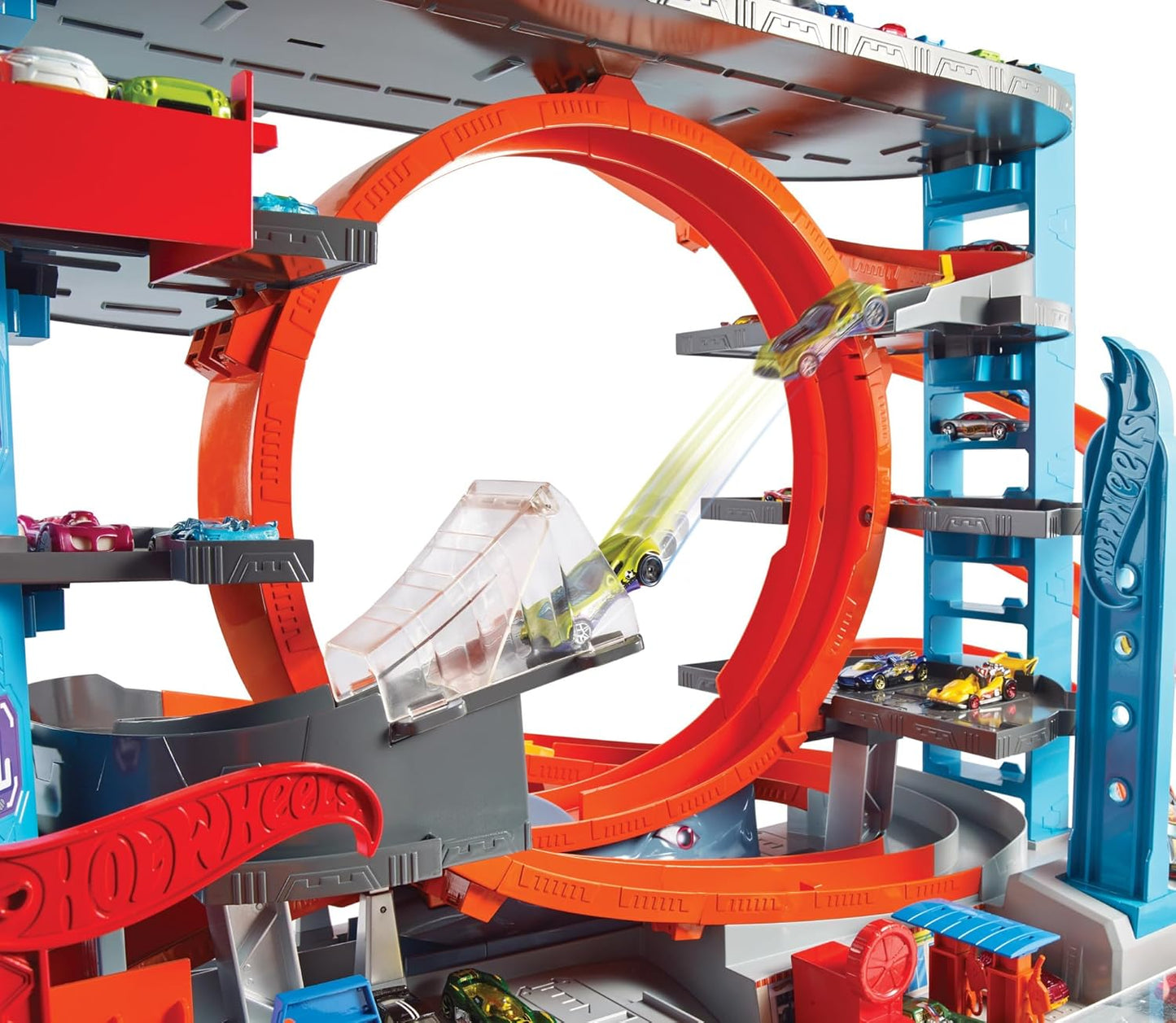 Hot Wheels – Hai Parkgarage | inkl. 2 Spielzeugautos | Autorennbahn mit Loopings, Aufzug & Platz für über 90 Autos | Höhe: 63 cm | Ab 5 Jahren – Wie neu