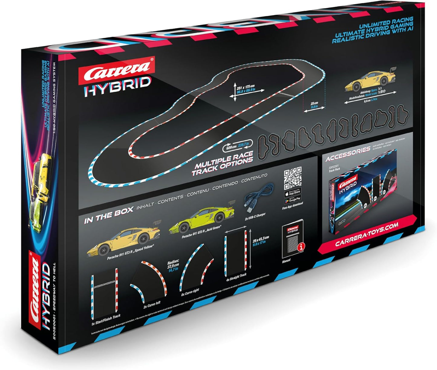 Carrera HYBRID – Speedway to Hell | Rennbahn der neuen Generation | Legendärer Porsche 911 GT3 R im Maßstab 1:50 | Hybrid - Technologie mit KI - Unterstützung | Steuerung per Smartphone - App