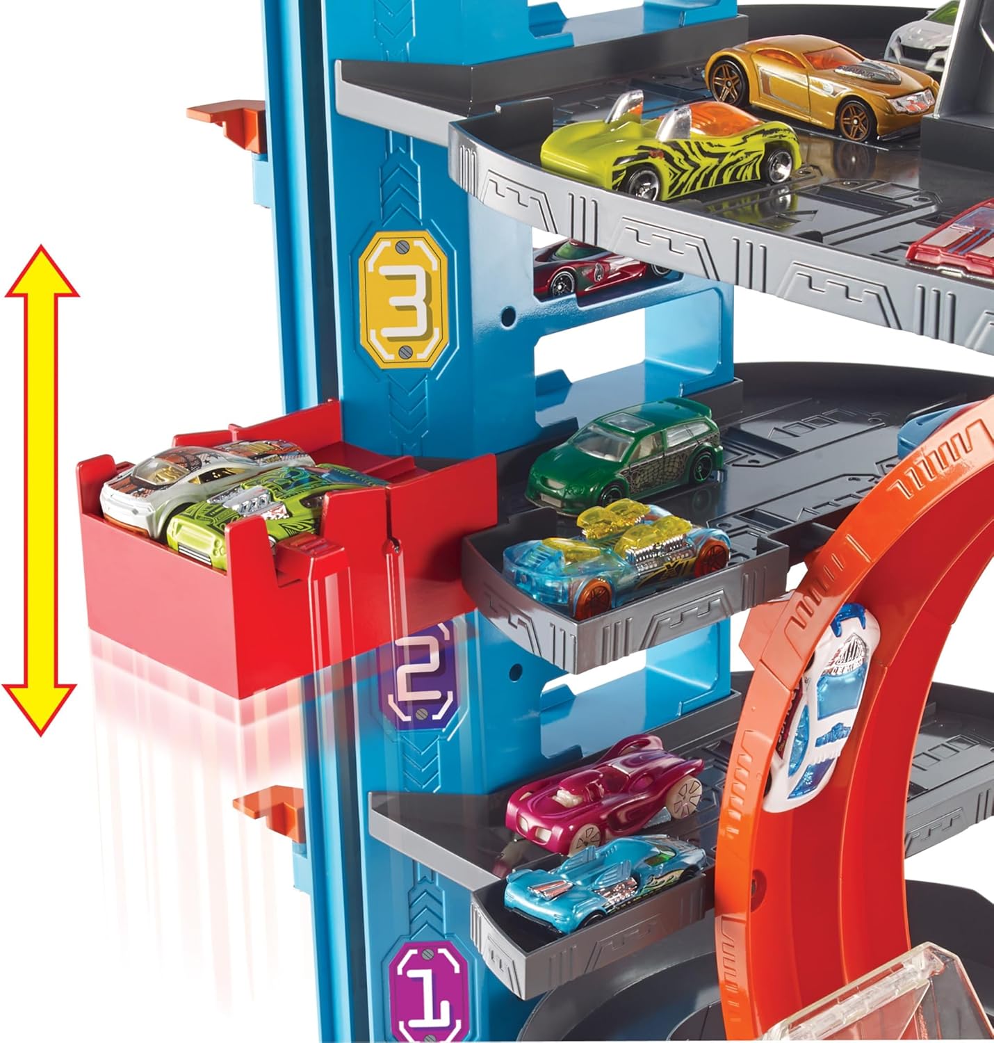 Hot Wheels – Hai Parkgarage | inkl. 2 Spielzeugautos | Autorennbahn mit Loopings, Aufzug & Platz für über 90 Autos | Höhe: 63 cm | Ab 5 Jahren – Wie neu