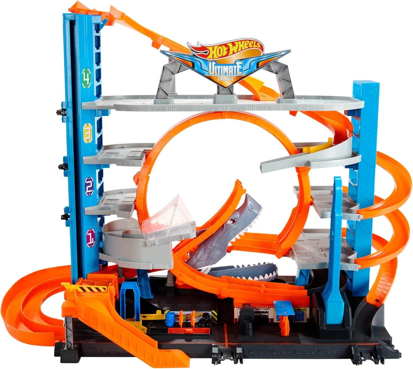 Hot Wheels – Hai Parkgarage | inkl. 2 Spielzeugautos | Autorennbahn mit Loopings, Aufzug & Platz für über 90 Autos | Höhe: 63 cm | Ab 5 Jahren – Wie neu