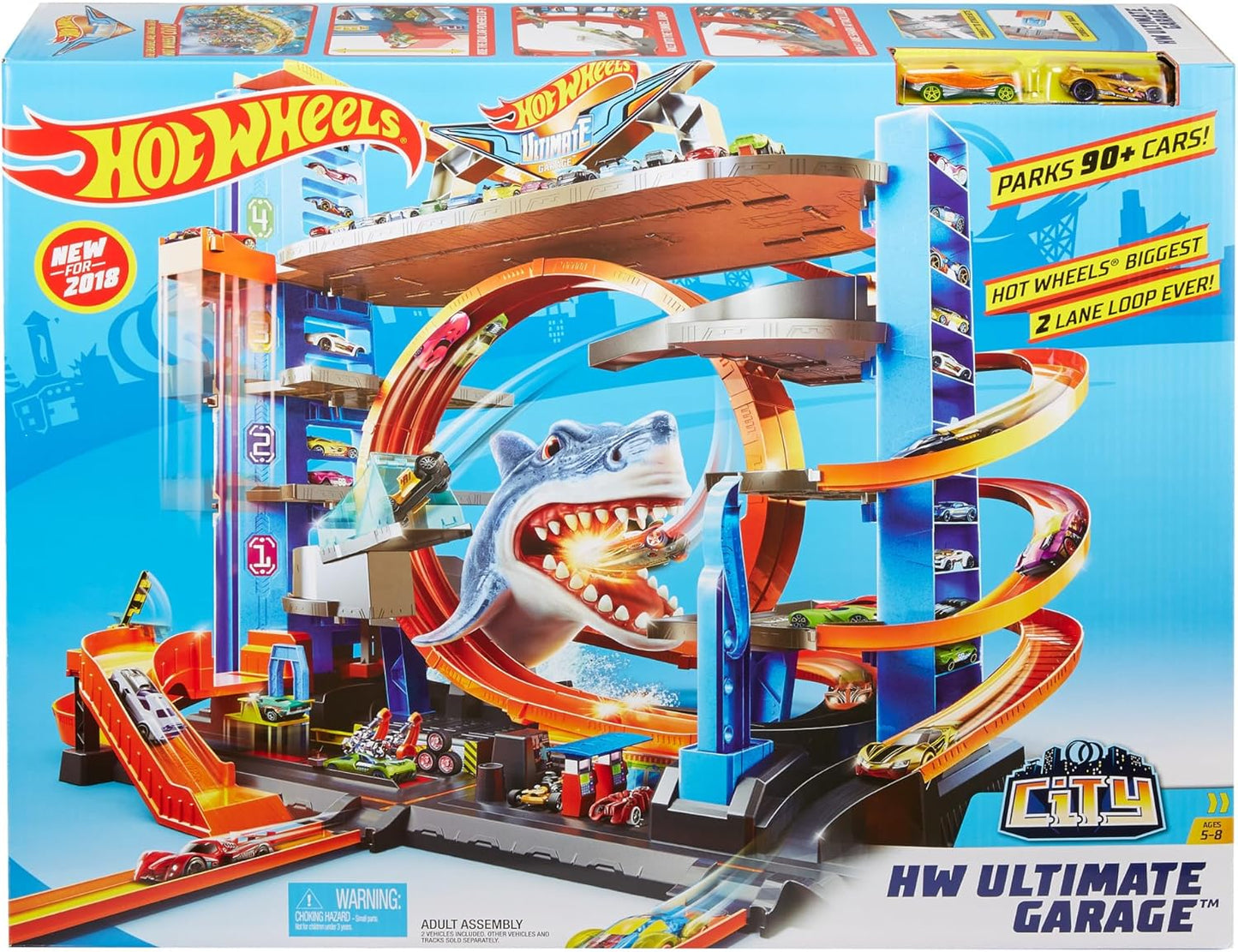 Hot Wheels – Hai Parkgarage | inkl. 2 Spielzeugautos | Autorennbahn mit Loopings, Aufzug & Platz für über 90 Autos | Höhe: 63 cm | Ab 5 Jahren – Wie neu