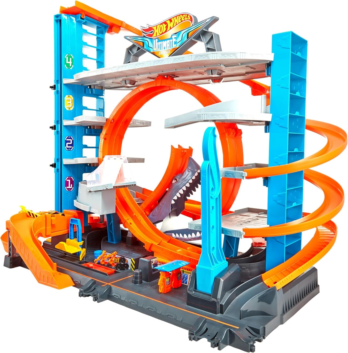 Hot Wheels – Hai Parkgarage | inkl. 2 Spielzeugautos | Autorennbahn mit Loopings, Aufzug & Platz für über 90 Autos | Höhe: 63 cm | Ab 5 Jahren – Wie neu