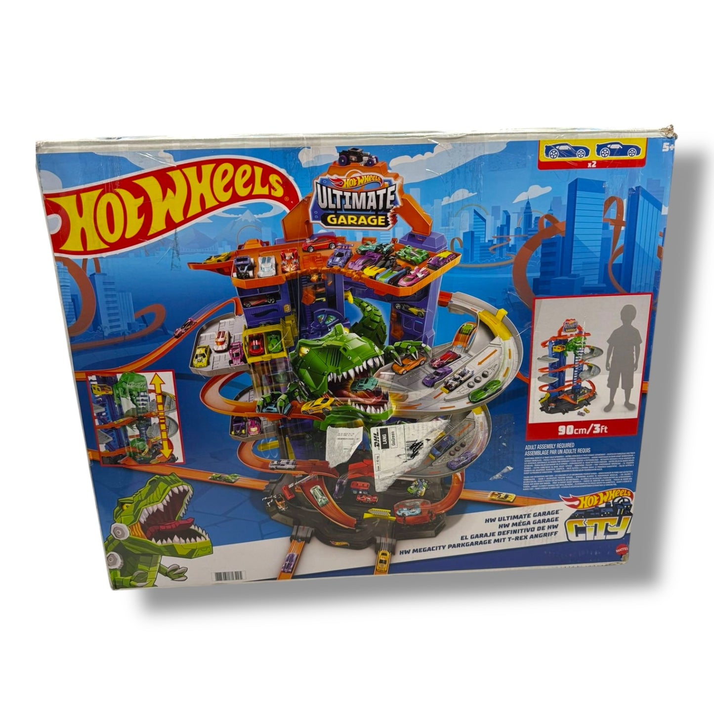 Hot Wheels Garage, Hot Wheels Parkgarage inkl. 2 Spielzeugautos, mit mehrstöckiger Autorennbahn