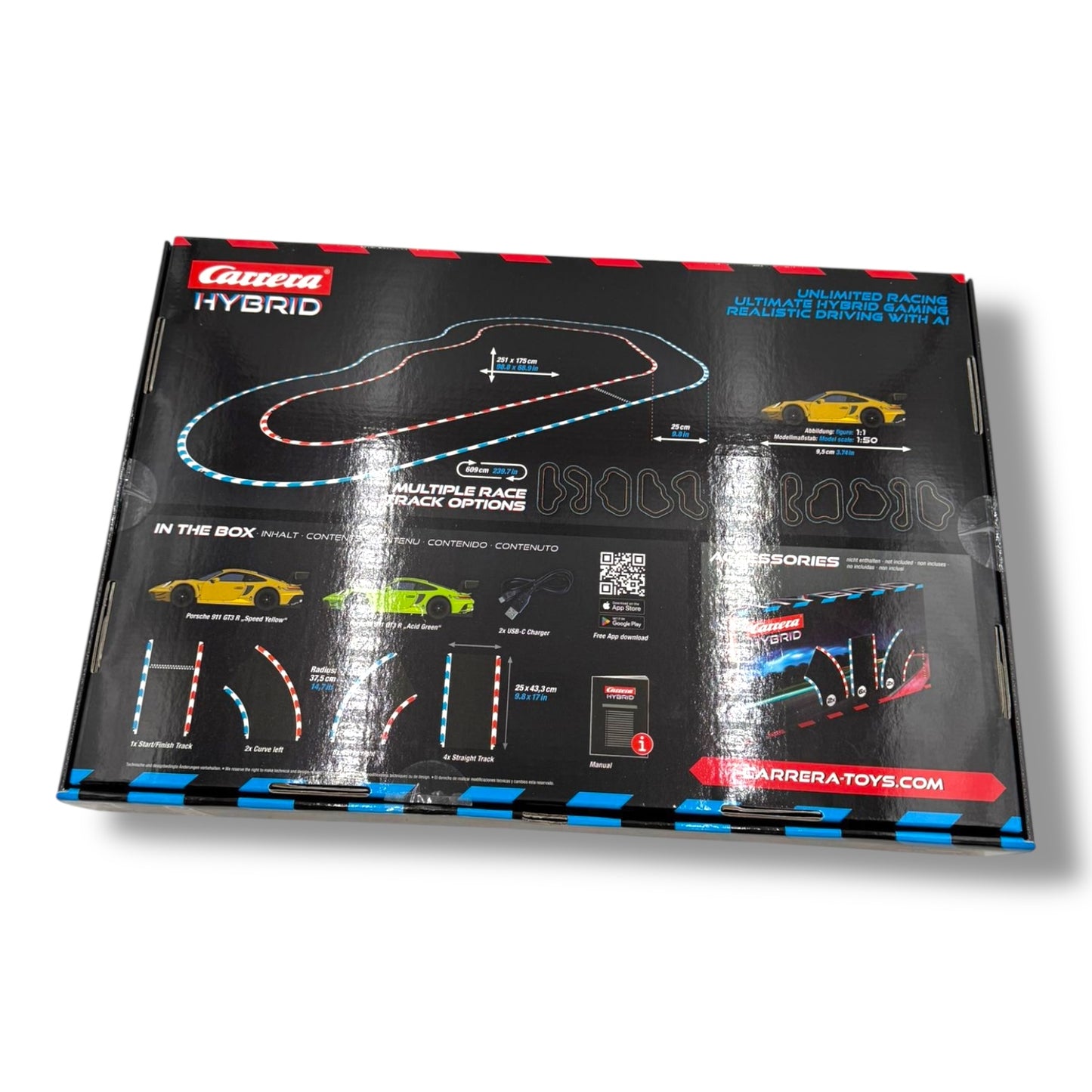 Carrera HYBRID – Speedway to Hell | Rennbahn der neuen Generation | Legendärer Porsche 911 GT3 R im Maßstab 1:50 | Hybrid - Technologie mit KI - Unterstützung | Steuerung per Smartphone - App