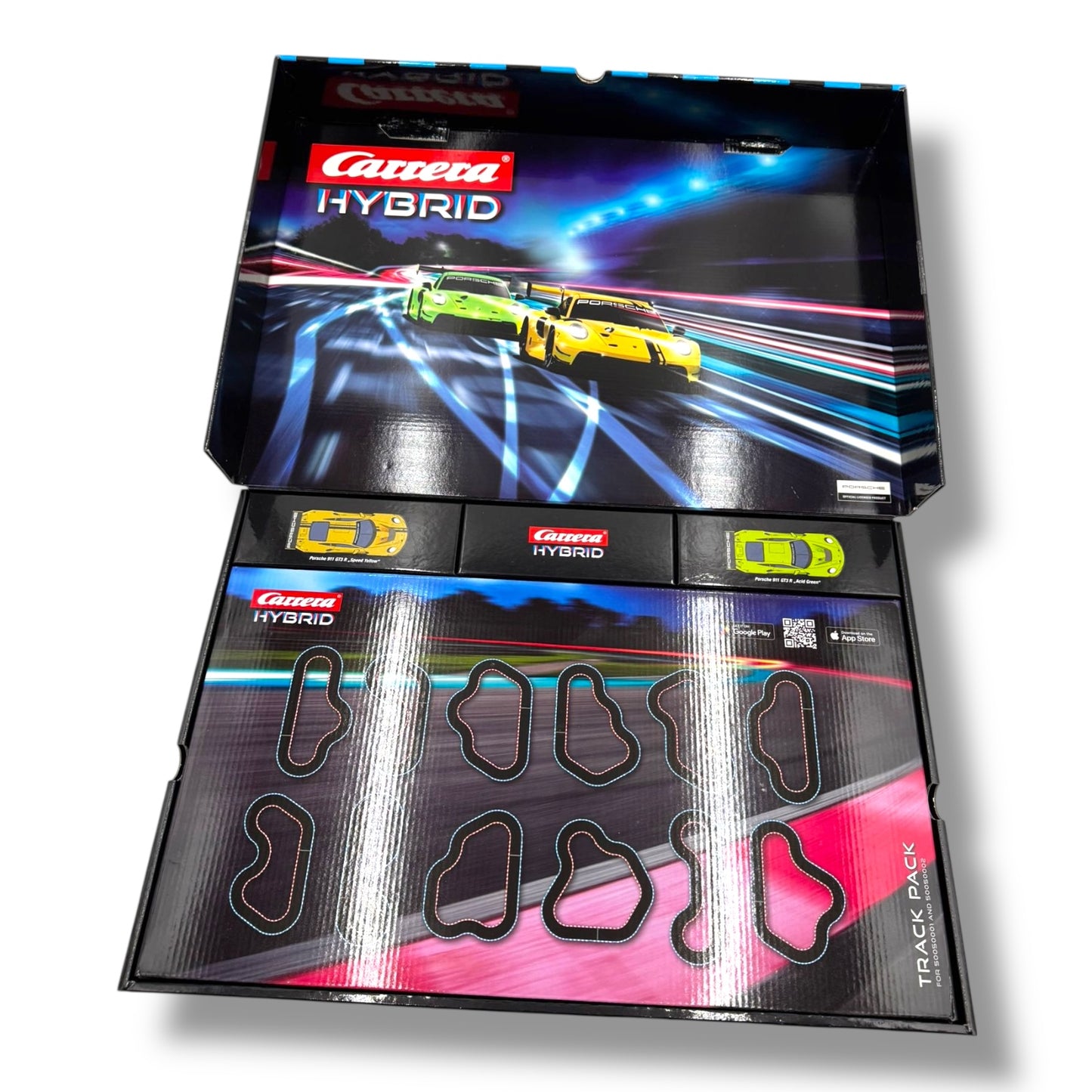 Carrera HYBRID – Speedway to Hell | Rennbahn der neuen Generation | Legendärer Porsche 911 GT3 R im Maßstab 1:50 | Hybrid - Technologie mit KI - Unterstützung | Steuerung per Smartphone - App