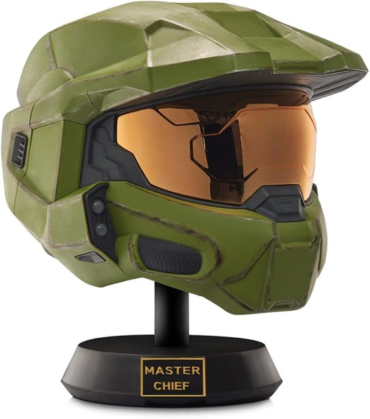Master Chief Deluxe Helm with battle-damaged detail, LED lights, and display stand from Halo universe