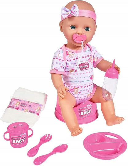 Simba 105039005 - New Born Baby Puppe, für Kinder ab 3 Jahren, Spielpuppe mit Funktionen, kann Trinken und PIPI Machen, 8 Teile, mit Babypuppe &amp; Zubehör
