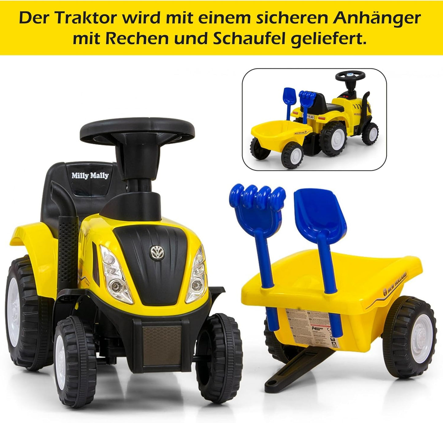 Traktor New Holland Rutschauto mit Anhänger - Lizenzierter Traktor Buggy mit Rechen und Schaufel