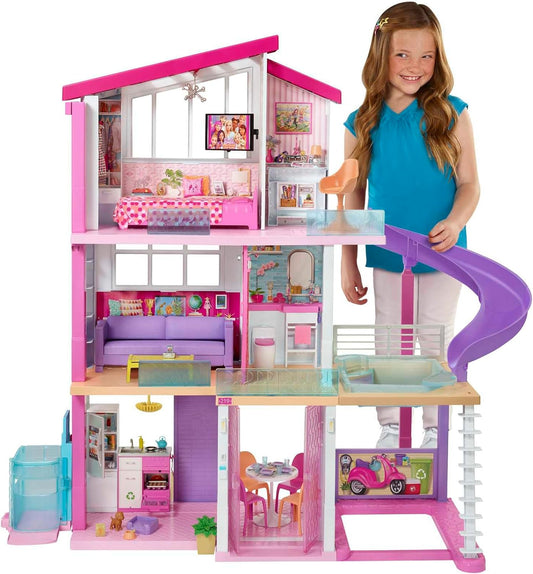 Barbie Puppenhaus, Traumvilla Puppe, komplett möbliert, 3 stöckig, 8 Zimmer inkl. Pool, Rutsche und Aufzug, 70 Accessoires, Spielzeug ab 3 Jahre, GNH53
