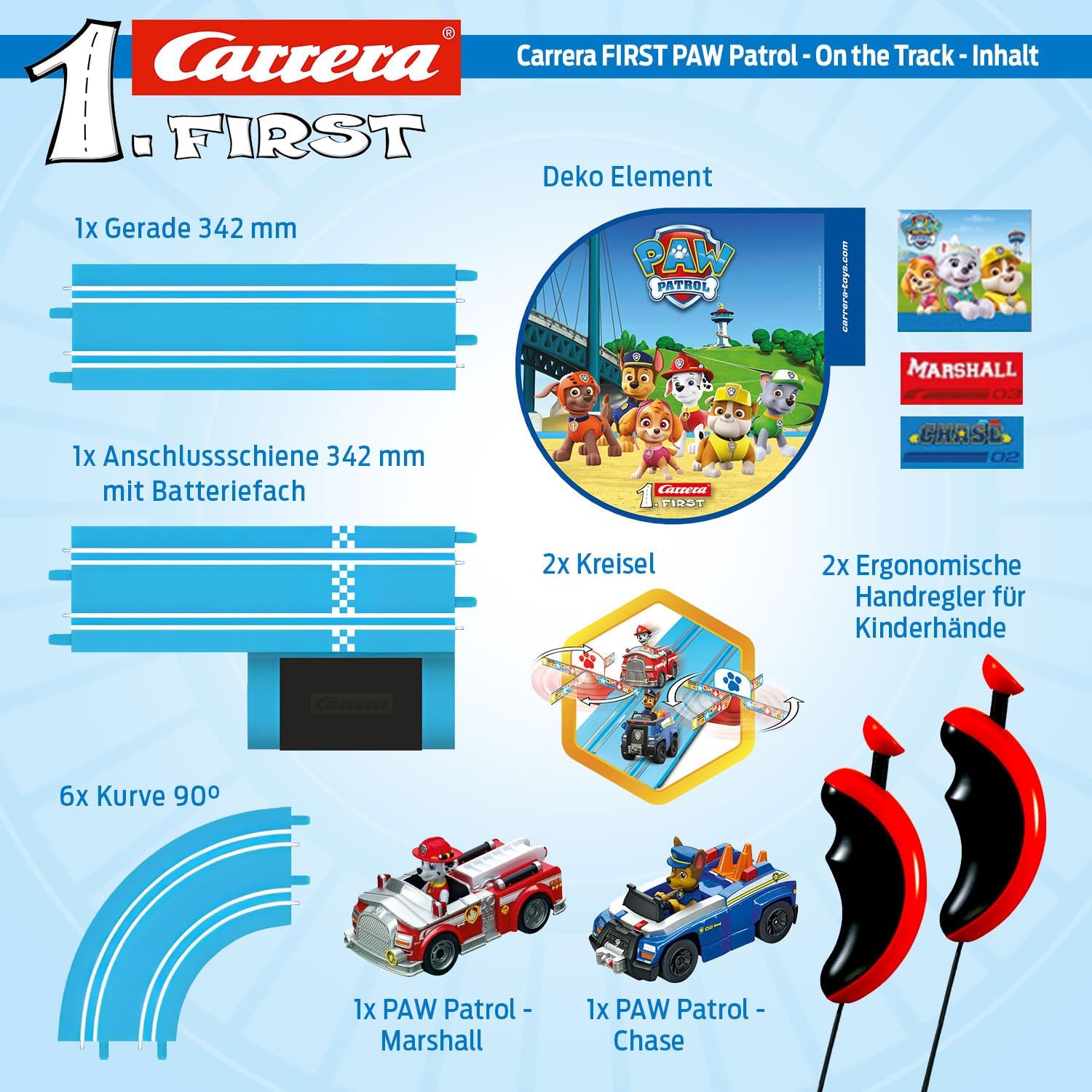 Carrera 369 - 3033 FIRST PAW PATROL On the Track 2,4m Rennstrecken - Set | 2 ferngesteuerte Fahrzeuge mit Chase und Marshall