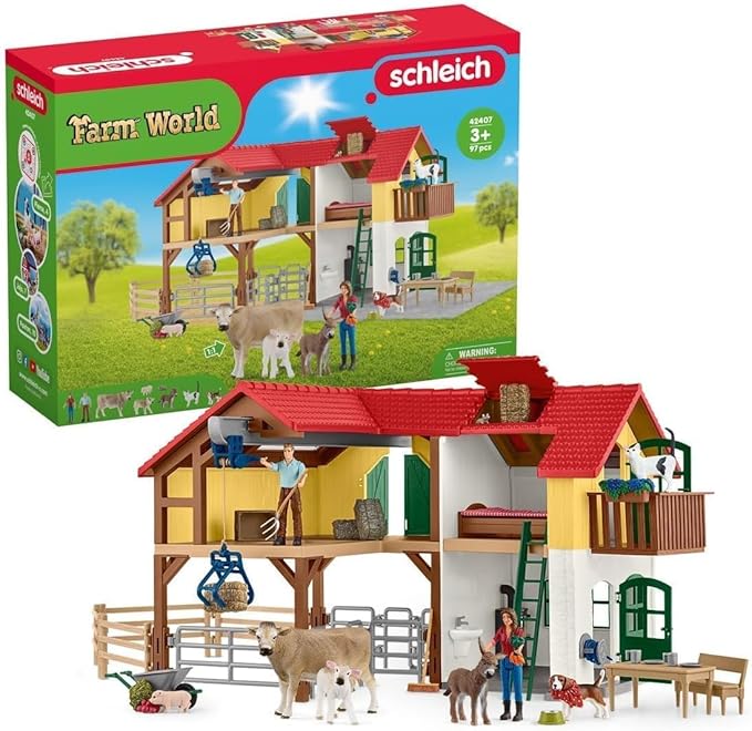 SCHLEICH Farm World Bauernhaus mit Stall & Tieren (42407) – 97-teiliges Bauernhof-Set