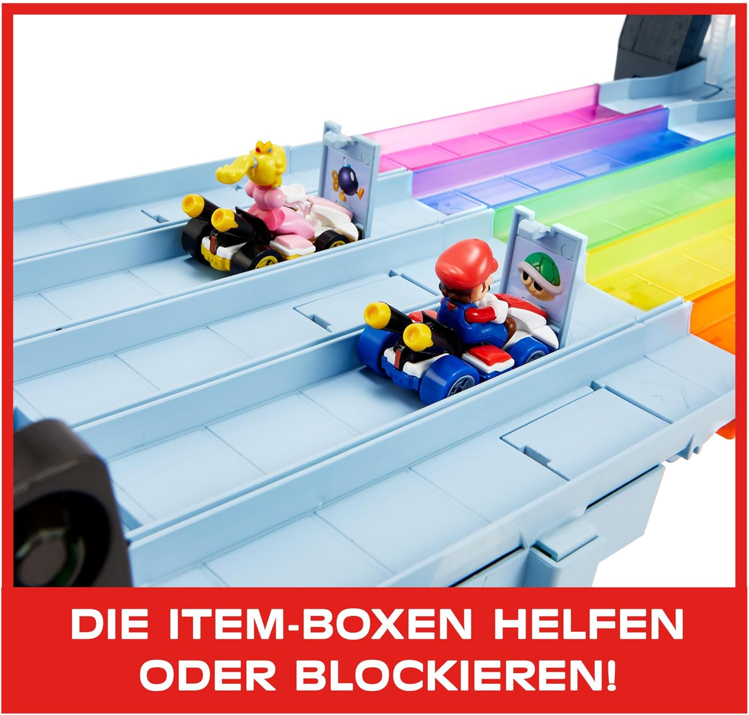 Hot Wheels Mario Kart Autorennbahn in Regenbogen Farben, inkl. 2 Spielzeugautos (Mario & King Boo)
