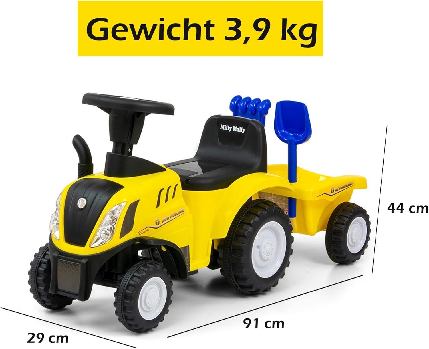 Traktor New Holland Rutschauto mit Anhänger - Lizenzierter Traktor Buggy mit Rechen und Schaufel