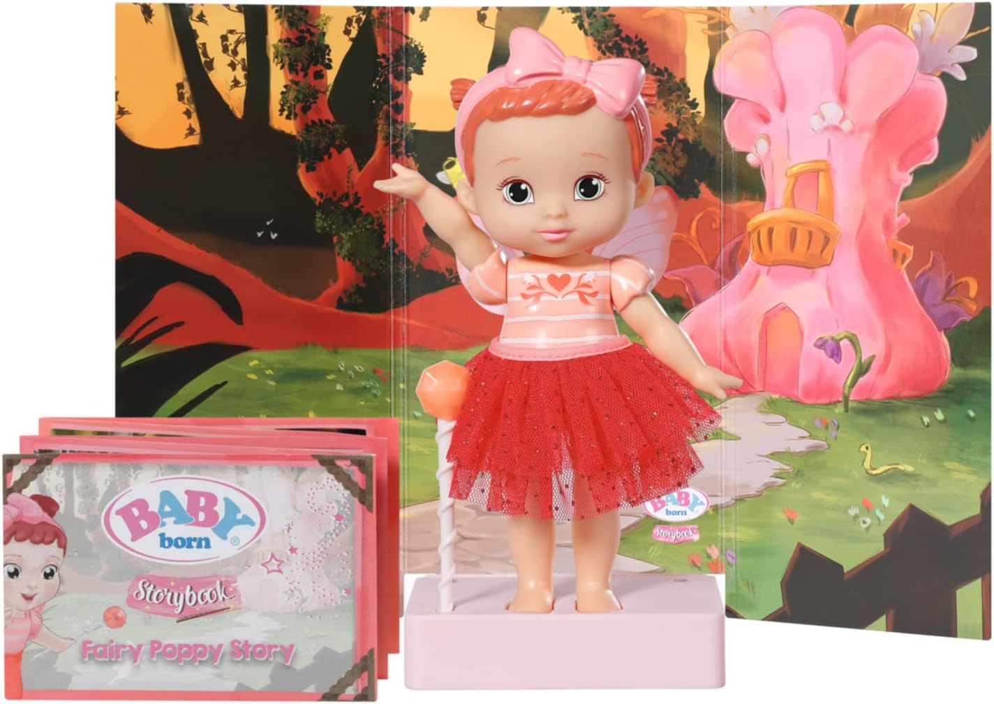 BABY born Storybook Fairy Poppy 18 cm, Feen - Puppe mit flatternden Flügeln, Farbwechsel Tattoo, Feenlicht, Zauberstab, Kulisse und Bilderbuch, 831823 Zapf Creation