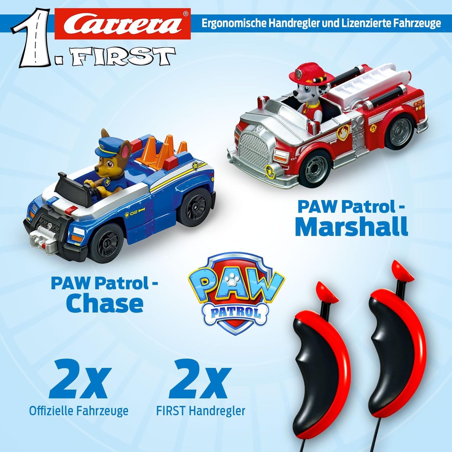 Carrera 369 - 3033 FIRST PAW PATROL On the Track 2,4m Rennstrecken - Set | 2 ferngesteuerte Fahrzeuge mit Chase und Marshall