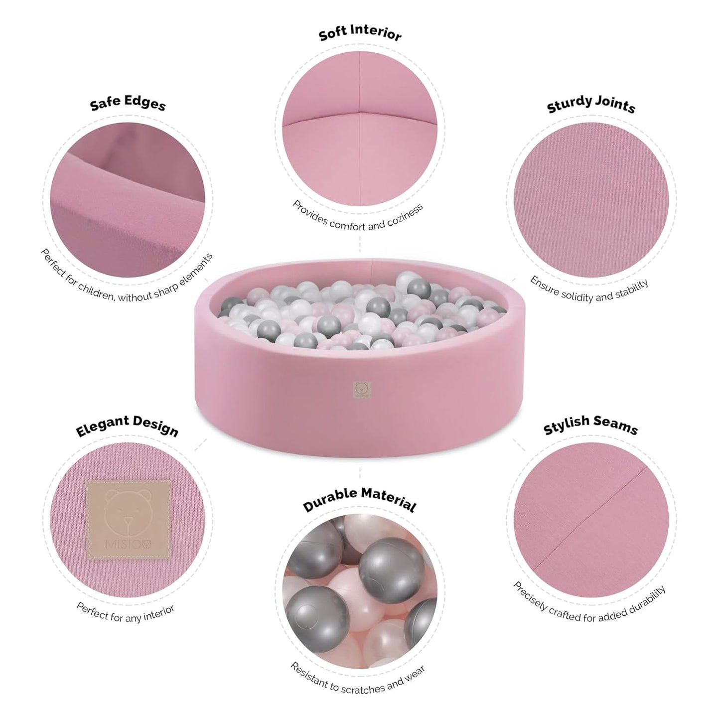 MISIOO Smart Bällebad | Rundes Bällebad 90x30 cm | inkl. 150 Bälle in Rosa/Weiß/Silber