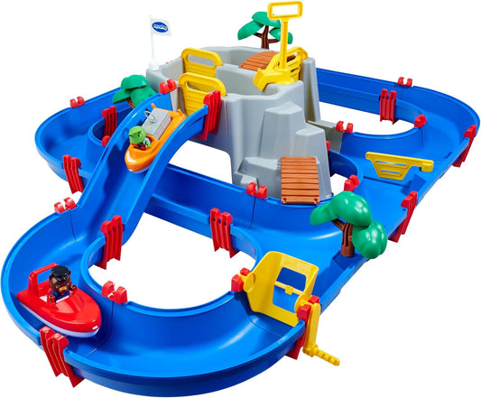 AquaPlay Wasserbahn MountainLake 42-piece water playset with mountain, waterfall, secret cave, two boats, and animal figures for children