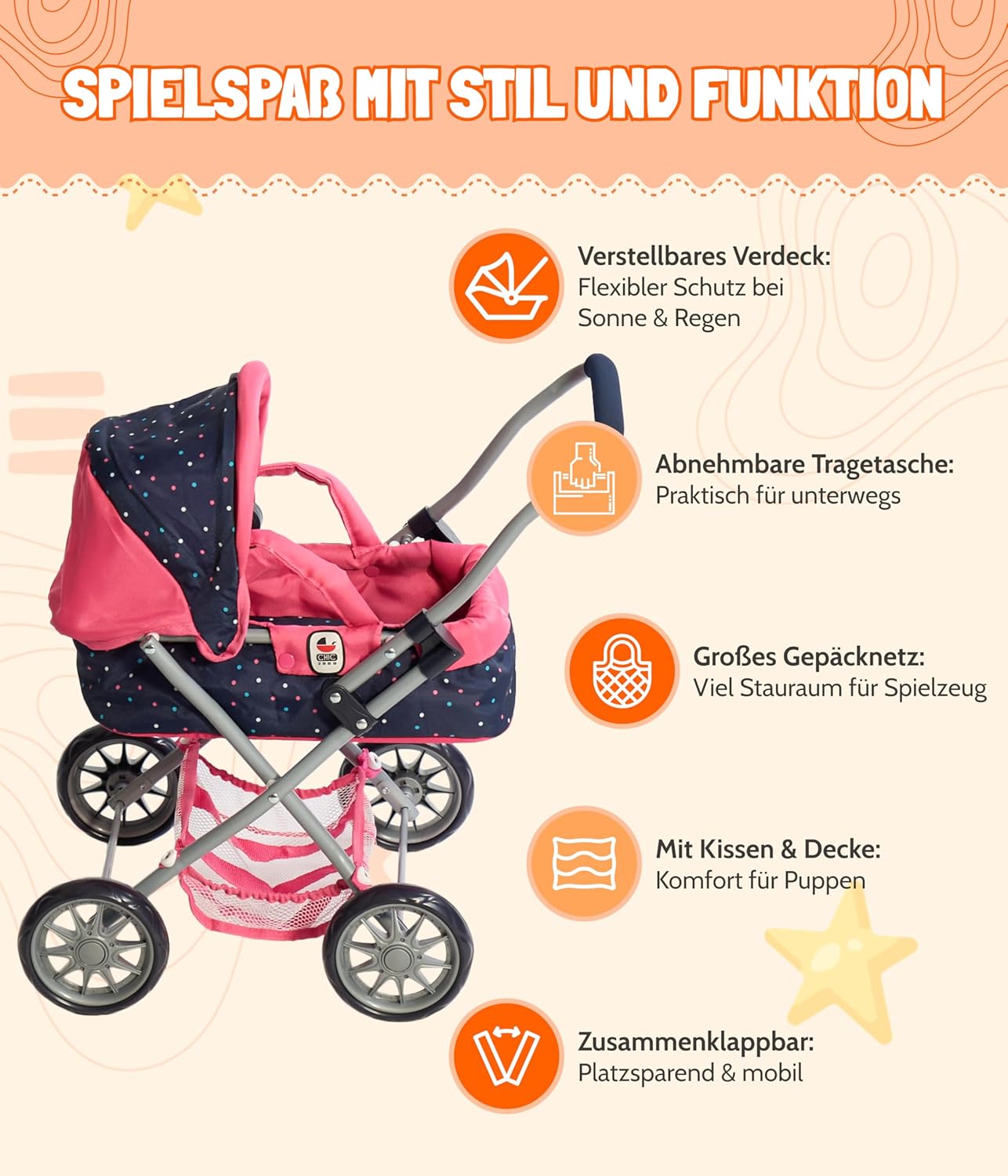 Bayer Chic 2000® Puppenwagen Smarty – Konfetti Pink