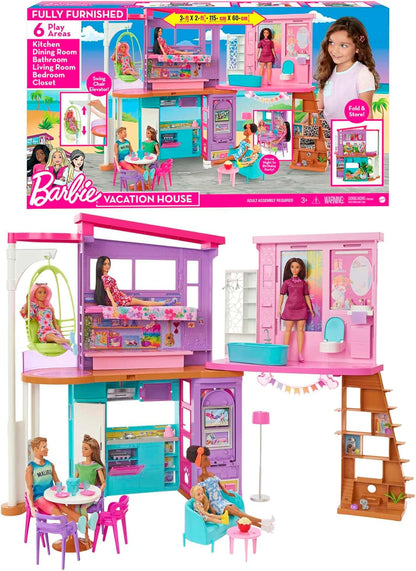 Barbie holiday house with elevator and accessories, featuring six play areas, detailed dollhouse by ReplayToys Deutschland
