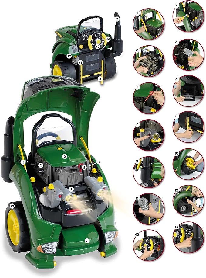 Theo Klein John Deere tractor engine toy for kids, featuring detailed parts for assembling and tinkering activities.