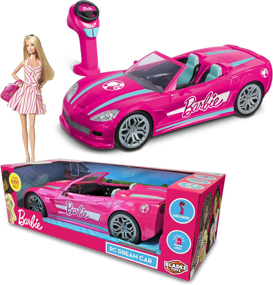 BLADEZ Barbie Toyz remote control pink convertible car with lights, fits two full-size Barbie dolls, official Barbie RC toy with controller and packaging