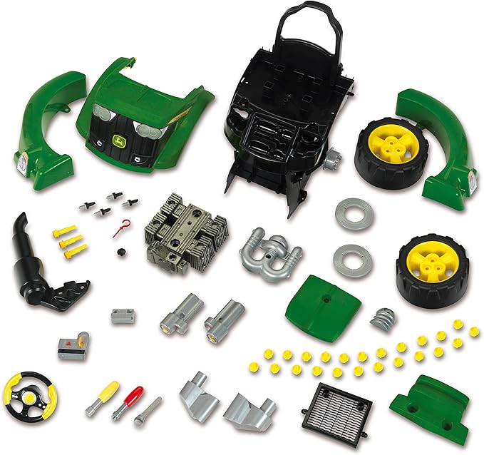 John Deere tractor engine toy by Theo Klein, featuring detailed parts for assembling and tinkering.