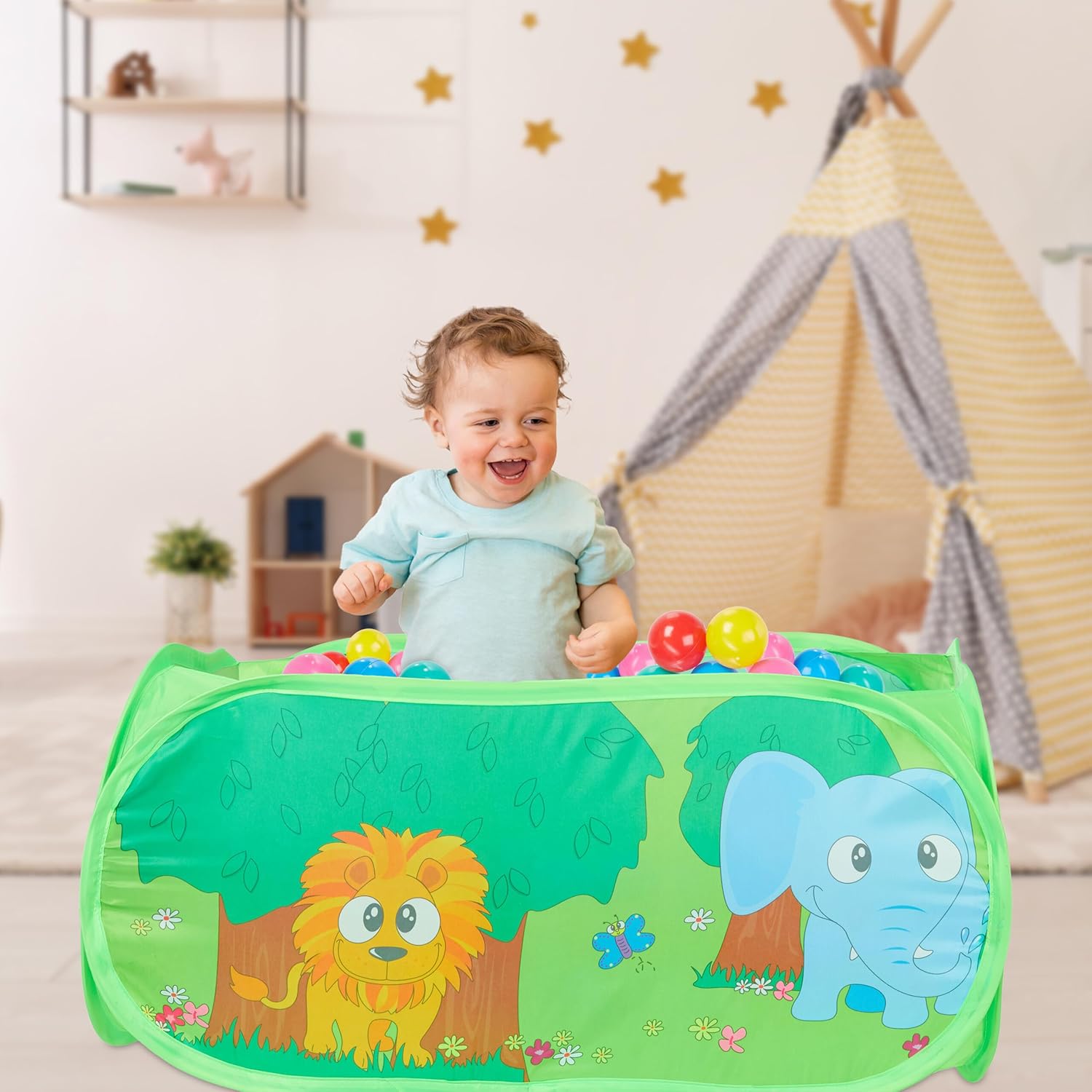 Relaxdays Bällebad Baby, 50 Bunte Bälle, Dschungel Ballzelt quadratisch, Pop - Up, HBT: 34 x 71 x 71 cm, Bällchenbad, grün