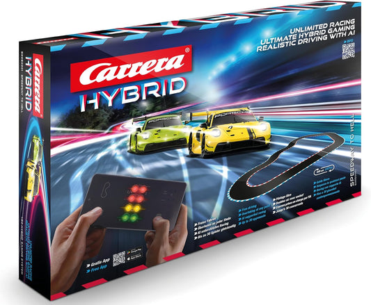 Carrera HYBRID – Speedway to Hell | Rennbahn der neuen Generation | Legendärer Porsche 911 GT3 R im Maßstab 1:50 | Hybrid - Technologie mit KI - Unterstützung | Steuerung per Smartphone - App