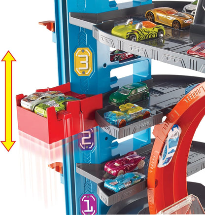 Hot Wheels – Hai Parkgarage | inkl. 2 Spielzeugautos | Autorennbahn mit Loopings, Aufzug & Platz für über 90 Autos | Höhe: 63 cm | Ab 5 Jahren – Wie neu