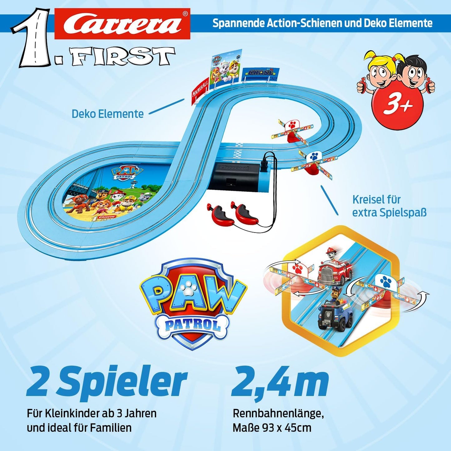 Carrera 369 - 3033 FIRST PAW PATROL On the Track 2,4m Rennstrecken - Set | 2 ferngesteuerte Fahrzeuge mit Chase und Marshall