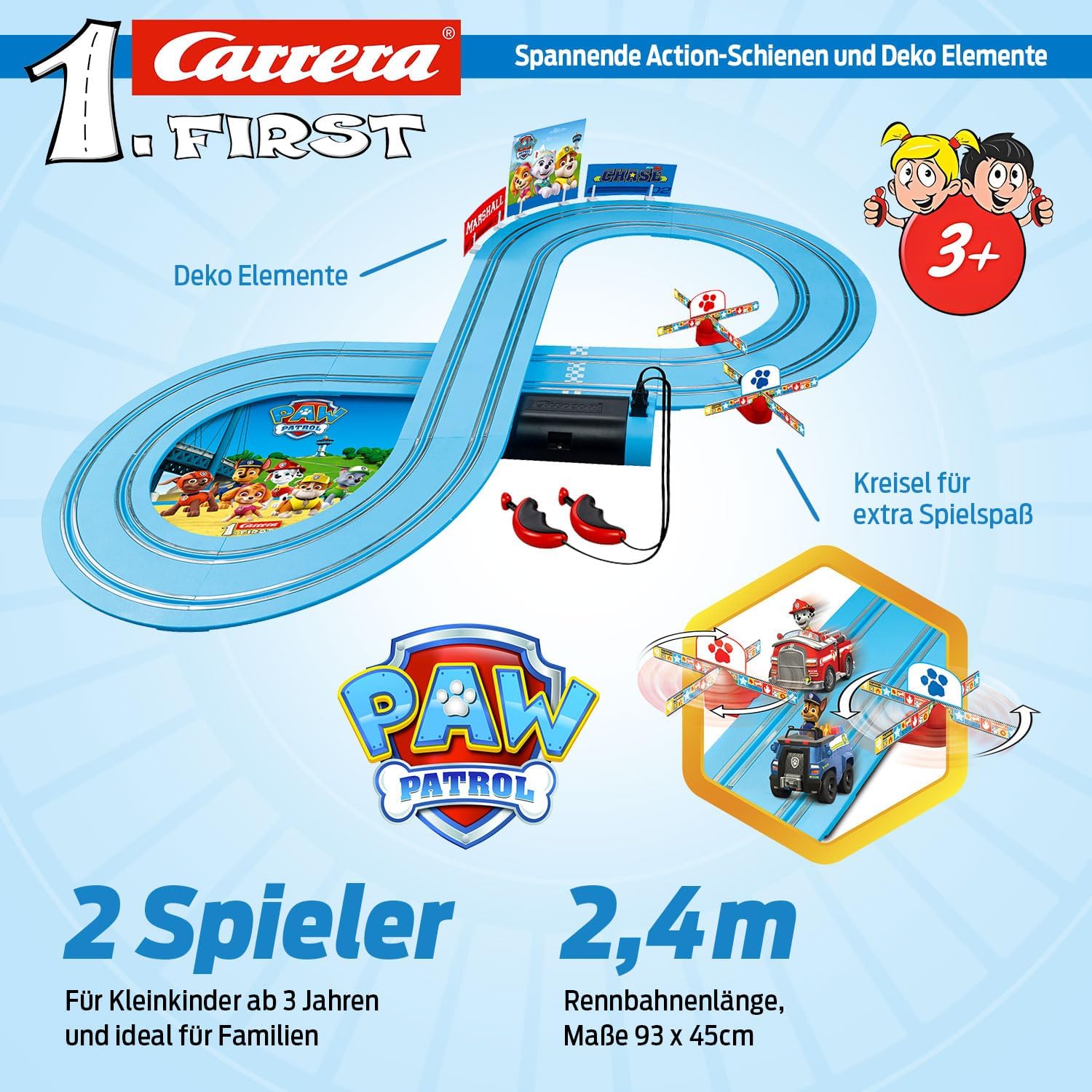 Carrera 369 - 3033 FIRST PAW PATROL On the Track 2,4m Rennstrecken - Set | 2 ferngesteuerte Fahrzeuge mit Chase und Marshall