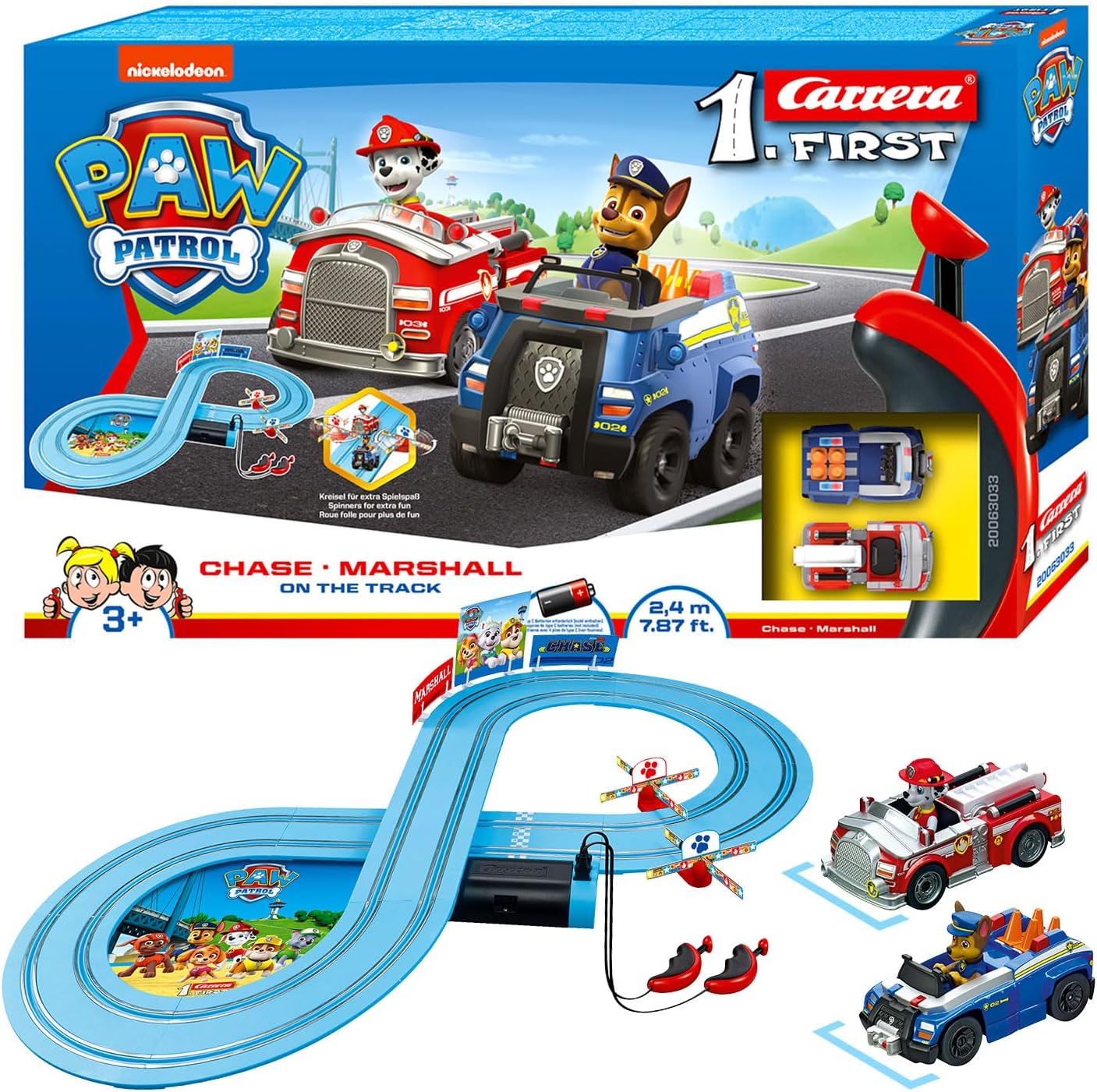 Carrera 369-3033 FIRST PAW PATROL On the Track 2,4m Rennstrecken-Set | 2 ferngesteuerte Fahrzeuge mit Chase und Marshall