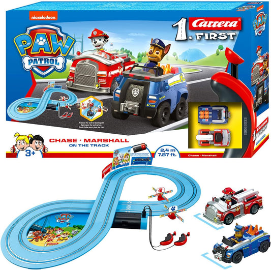 PAW Patrol Carrera First Rennbahnset | Chase & Marshall | 2,4m Strecke | Kreisel für extra Spielpaß | Ab 3 Jahren | Batteriebetrieben