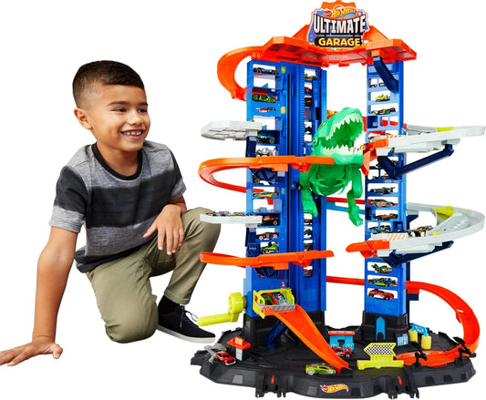 Hot Wheels Garage, Hot Wheels Parkgarage inkl. 2 Spielzeugautos, mit mehrstöckiger Autorennbahn