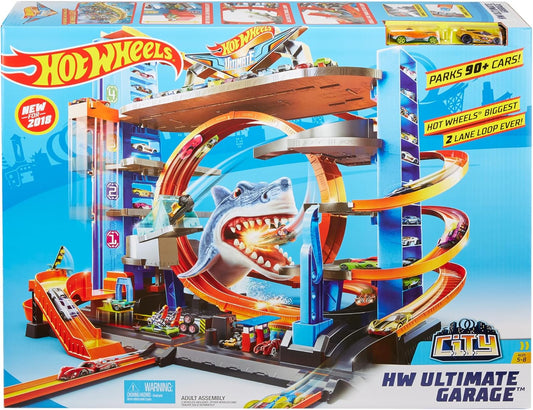 Hot Wheels – Hai Parkgarage | inkl. 2 Spielzeugautos | Autorennbahn mit Loopings, Aufzug & Platz für über 90 Autos | Höhe: 63 cm | Ab 5 Jahren – Wie neu