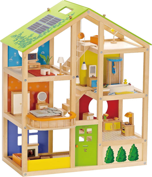 Hape Vier - Jahreszeiten Puppenhaus aus Holz Preisgekröntes dreistöckiges Puppenhaus