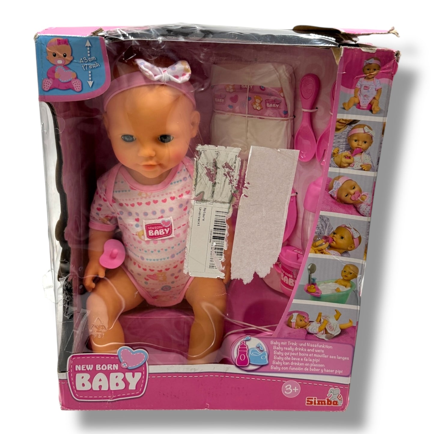 Simba 105039005 - New Born Baby Puppe, für Kinder ab 3 Jahren, Spielpuppe mit Funktionen, kann Trinken und PIPI Machen, 8 Teile, mit Babypuppe &amp; Zubehör