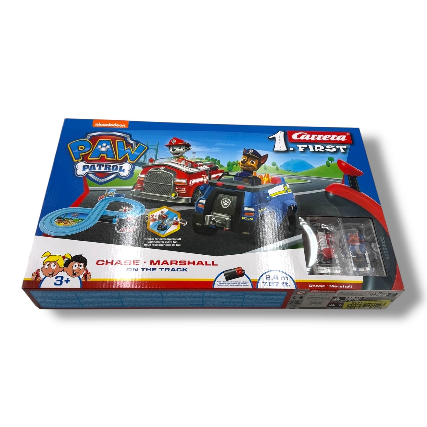 Carrera 369 - 3033 FIRST PAW PATROL On the Track 2,4m Rennstrecken - Set | 2 ferngesteuerte Fahrzeuge mit Chase und Marshall