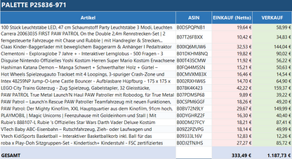 Ungeprüfte Spielzeug Retouren Palette mit verschiedenen Spielwaren von ReplayToys Deutschland auf einem Holzpalette.