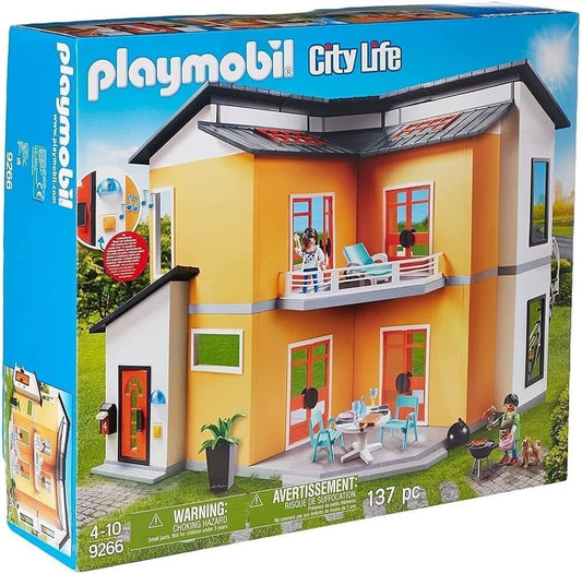 PLAYMOBIL City Life Modernes Wohnhaus replacement parts box showing yellow two-story house model with figures and outdoor furniture