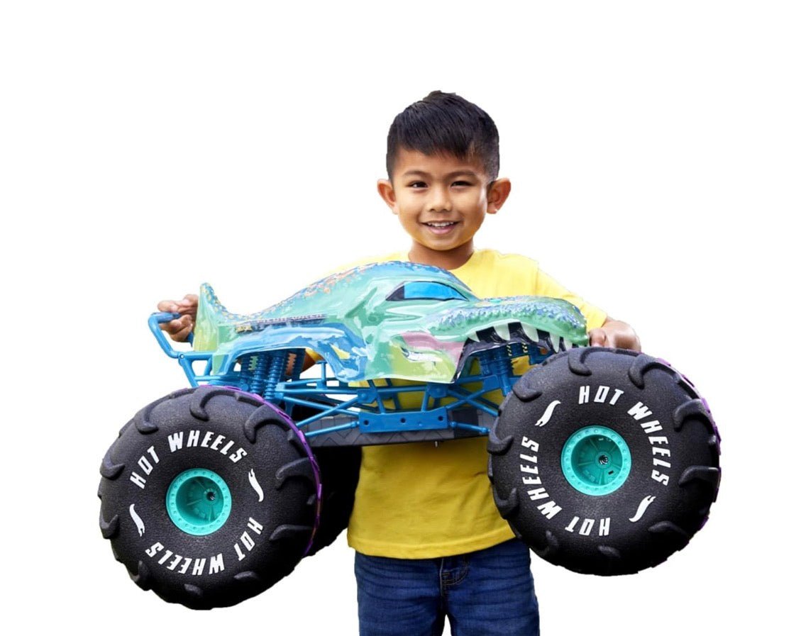 Hot Wheels Monster Trucks Auto Mega-Wrex 1:6 scale battery-operated toy vehicle by ReplayToys, showcasing vibrant design.
