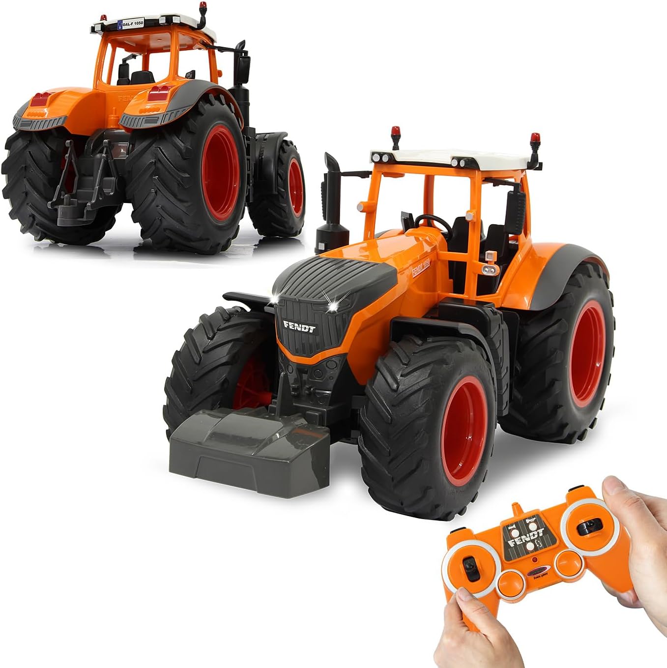 Orange JAMARA Fendt 1050 Vario Kommunal RC tractor model in 1:16 scale, showcasing detailed design and features.