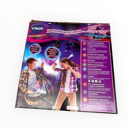 VTech Kidi Super Star DJ Studio in black, featuring a microphone and 10 karaoke functions for kids' entertainment.