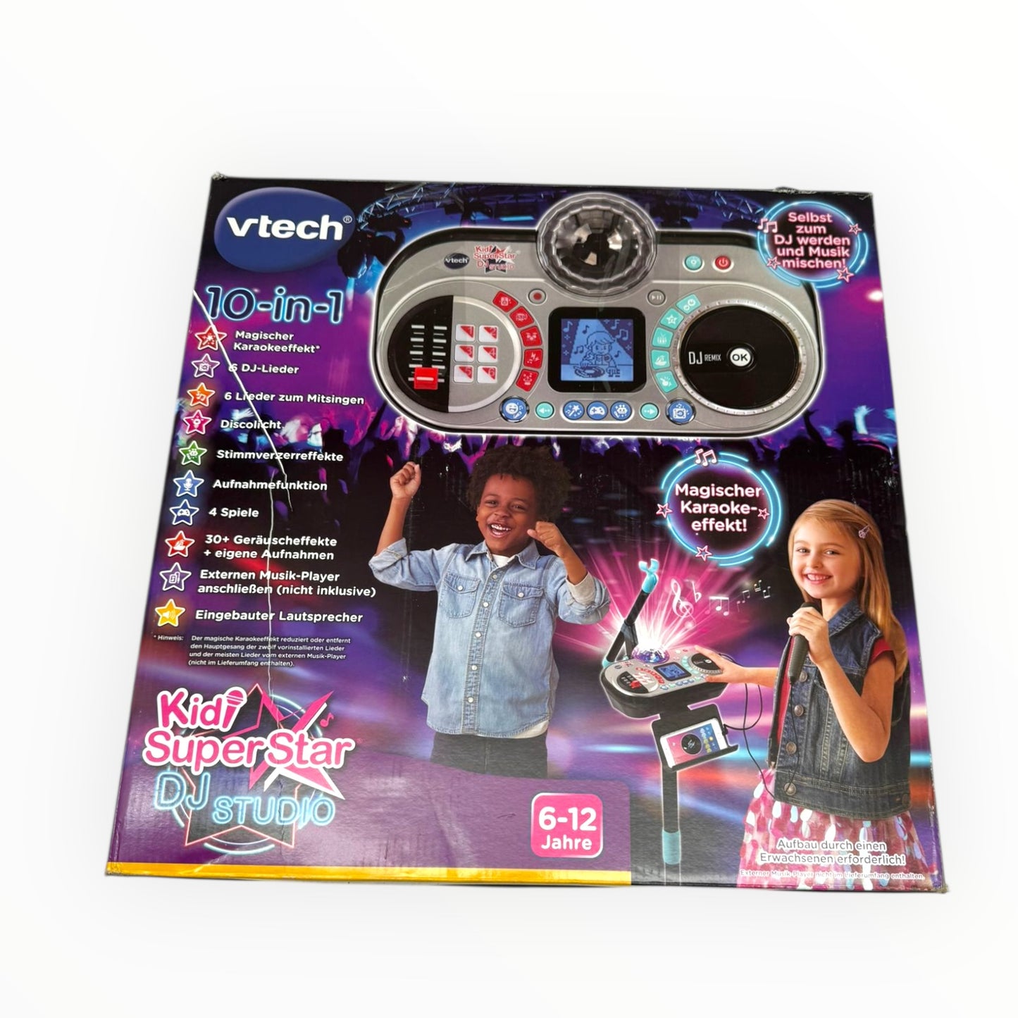 VTech Kidi Super Star DJ Studio in black, featuring a microphone and 10-in-1 karaoke toy for kids' play.