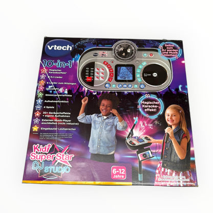 VTech Kidi Super Star DJ Studio in black, featuring a microphone and 10-in-1 karaoke toy for kids' play.