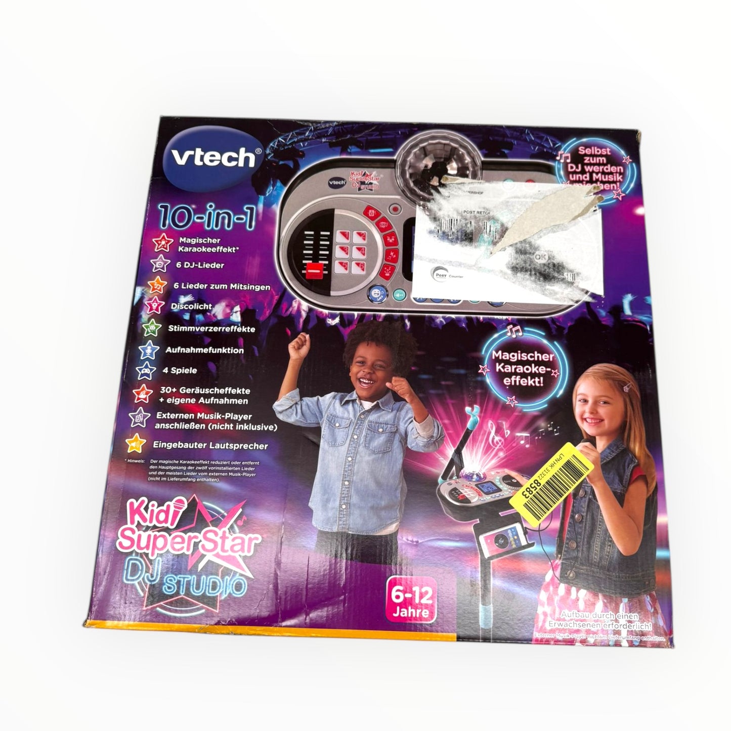 VTech Kidi Super Star DJ Studio in black with microphone, featuring 10-in-1 karaoke toy functionality for kids.