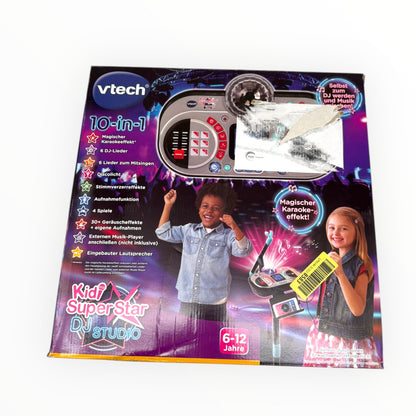 VTech Kidi Super Star DJ Studio in black with microphone, featuring 10-in-1 karaoke toy functionality for kids.
